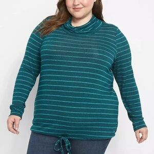Lane Bryant Teal Blue Striped Cowl Neck Hacci Soft Knit Tie Cinch Waist Sweater